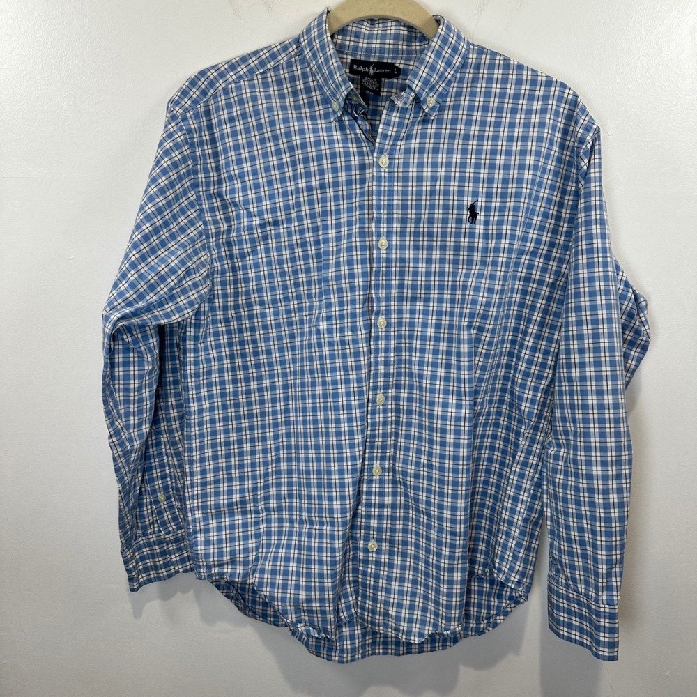 Ralph‎ Lauren Plaid Button Down Shirt Long Sleeve Classic Fit Blue L